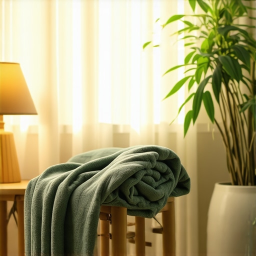 Jednostavno uređen prostor za meditaciju sa jastukom od ćebeta i toplim svetlom.