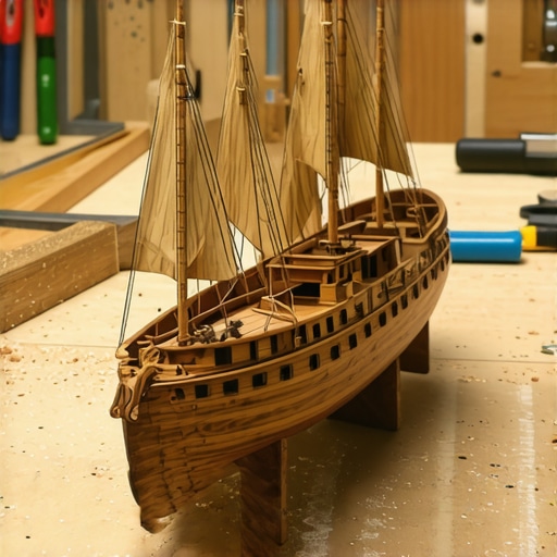 Model broda od ostataka dasaka u radionici Ručno rađen drveni model broda napravljen od škarta na radnom stolu