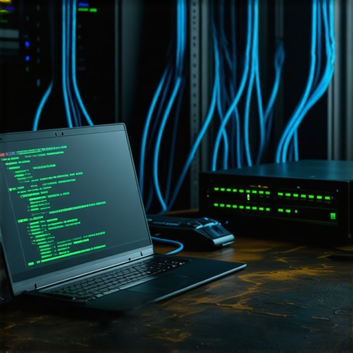 Stari laptop pretvoren u server za online forum sa vidljivim kablovima i kodom na ekranu