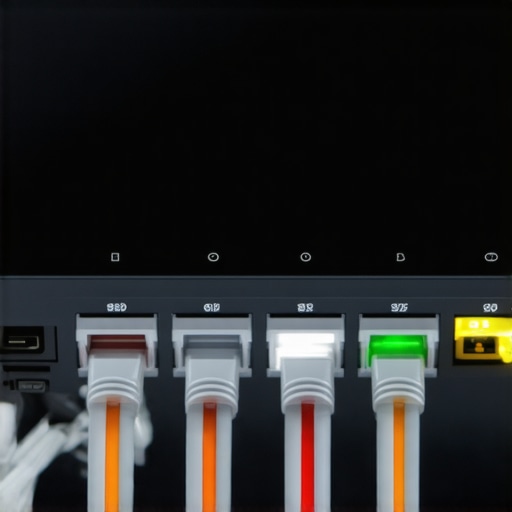 Moderni ruter u radionici Detaljan prikaz zadnje ploče rutera sa kablovima i LED lampicama