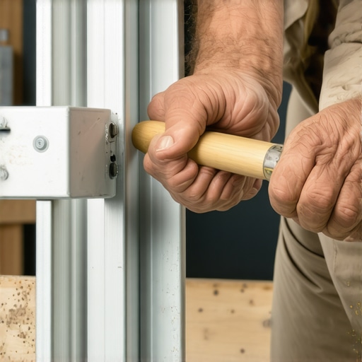 Detaljan prikaz spajanja metalnih žlebova police pomoću gumenog čekića u radionici