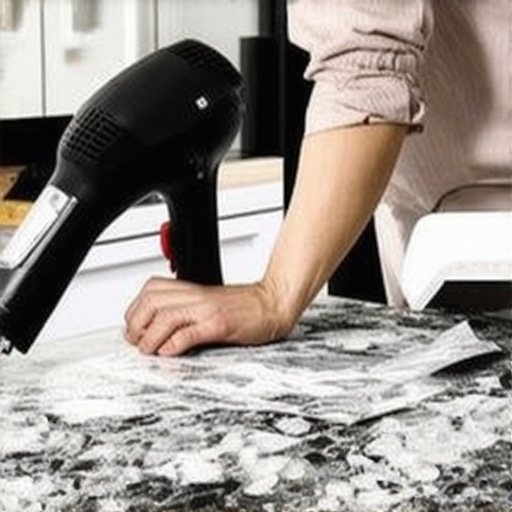 Nanošenje samolepljive folije uz pomoć fena Detaljan prikaz lepljenja folije na ugao radne ploče fenom