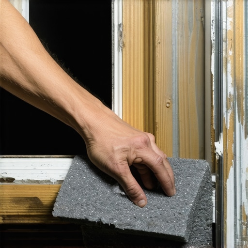 Osoba lepi sivi sunđer za zaptivanje na stari drveni prozor kako bi sprečila promaju.