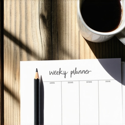 Ručno pisan nedeljni plan rada na drvenom stolu sa olovkom i kafom