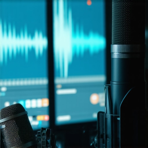 Obrada zvuka u Audacity programu Ekran sa zvučnim talasima i mikrofonom u pozadini za kućno editovanje