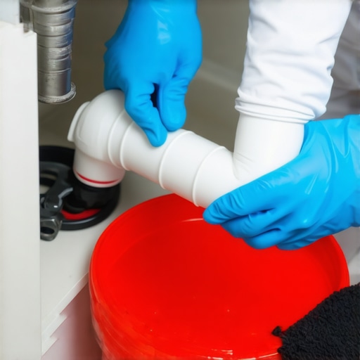 Ruke majstora zatežu beli plastični sifon ispod sudopere u kuhinji