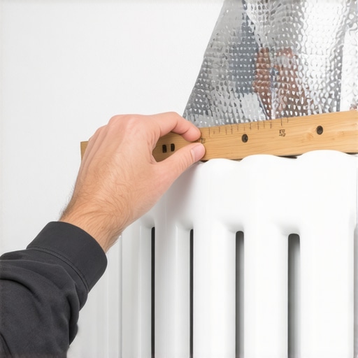 Ruka majstora postavlja srebrnu izolacionu foliju iza radijatora za uštedu energije