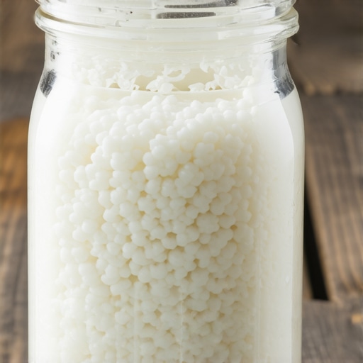 Kefirna zrnca od kozjeg mleka u staklenoj tegli na drvenoj podlozi