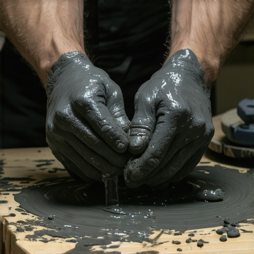 Pravilno mešenje gline za unikatne šolje Ruke majstora kako mese sivu glinu na drvenom stolu u radionici