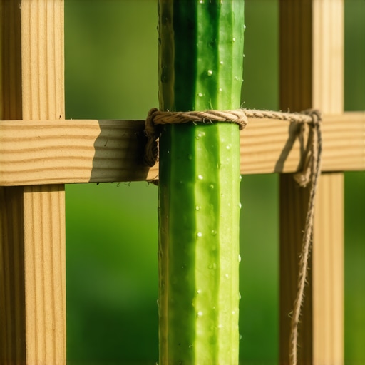 Pravilno vezivanje krastavca jutom Detaljan prikaz vezivanja stabljike krastavca prirodnim kanapom za drvenu potporu