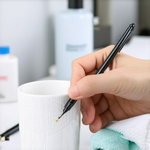 Osoba crta na beloj šolji crnim uljanim markerom uz pripremljen alkohol za čišćenje.