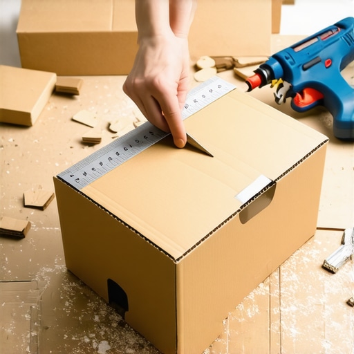 Ruke koje skalpelom seku debeli karton na radnom stolu