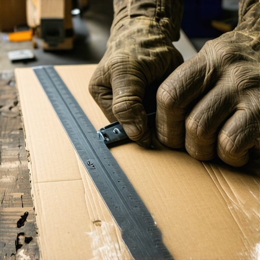 Ruke zanatlije seku karton skalpelom i metalnim lenjirom na radnom stolu