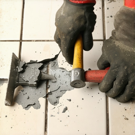 Čovek dletom i čekićem pažljivo skida oštećenu pločicu sa poda u radionici