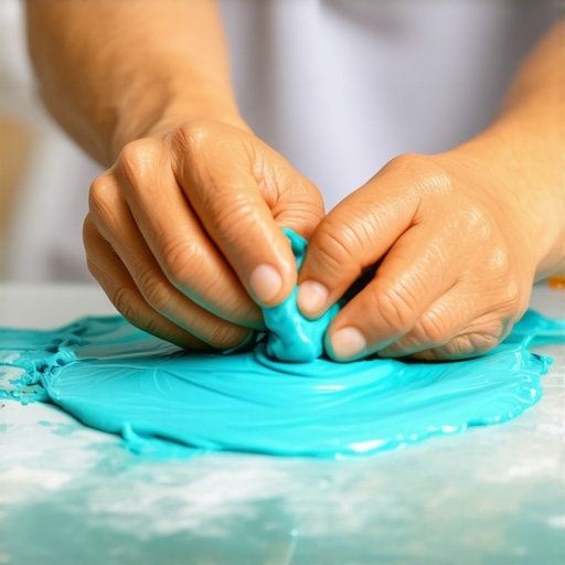Ruke zanatlije koje gnječe plavu i terakota polimernu glinu na staklenoj podlozi u kuhinji