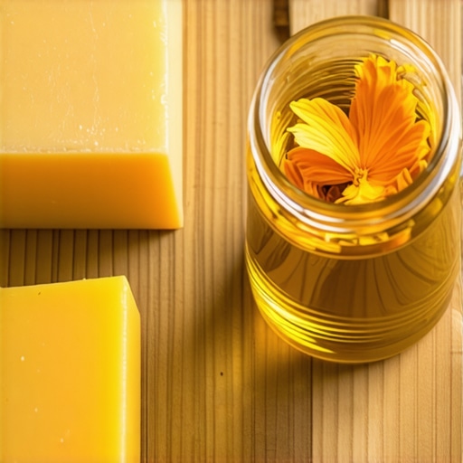 Sušeni cvetovi nevena u ulju i pčelinji vosak na drvenom stolu