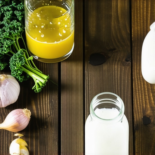 Prirodni elementi za kućni detoks Sastojci za detoksikaciju organizma: limun, kelj, beli luk i domaći kefir na drvenom stolu