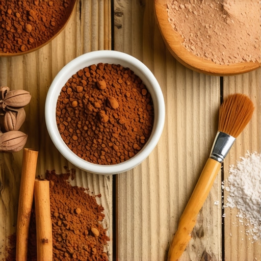 Sastojci za prirodni bronzer: kakao, cimet i skrob na drvenom stolu