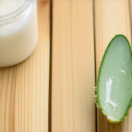 Prirodni sastojci za domaći melem protiv opekotina Kokosovo ulje i aloa vera na drvenom stolu za pravljenje melema