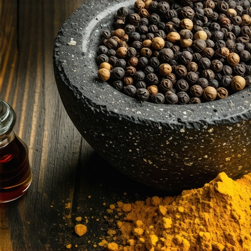 Crni biber i kurkuma u avanu na drvenom stolu
