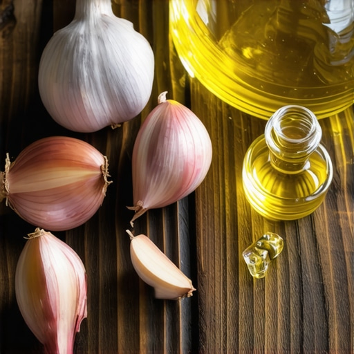 Beli luk i maslinovo ulje na drvenom stolu za pripremu melema