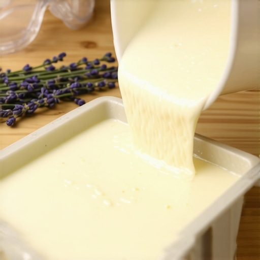 Proces izlivanja domaćeg sapuna od lavande Gusta smesa za prirodni sapun od lavande u fazi traga