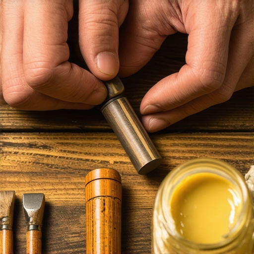 Zanatlija polira ivicu kožnog priveska drvenim alatom na radnom stolu