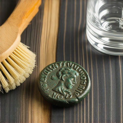 Stara kovanica sa zelenom patinom i alati za čišćenje