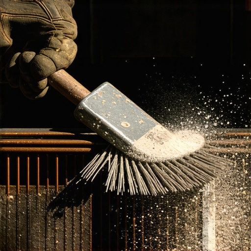 Čelična četka skida rđu sa metalne rešetke roštilja u radionici