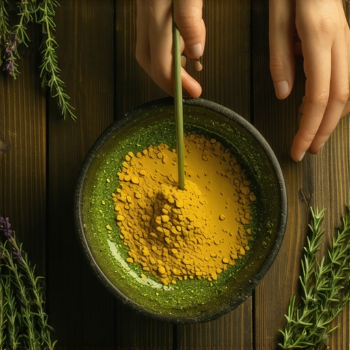 Ručna izrada mirišljavih štapića od smole i bilja Ruke majstora mešaju biljni prah i borovu smolu na drvenom stolu