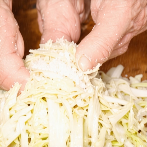 Ruke majstora gnječe iseckan kupus sa solju u drvenoj posudi