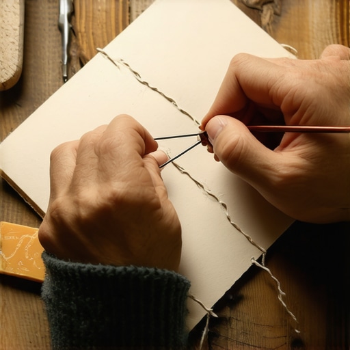 Detaljan prikaz ručnog šivanja sveske iglom i koncom na drvenom stolu