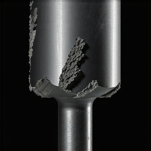 Detaljan prikaz burgije za beton nakon bušenja sa vidija vrhom i sivom prašinom