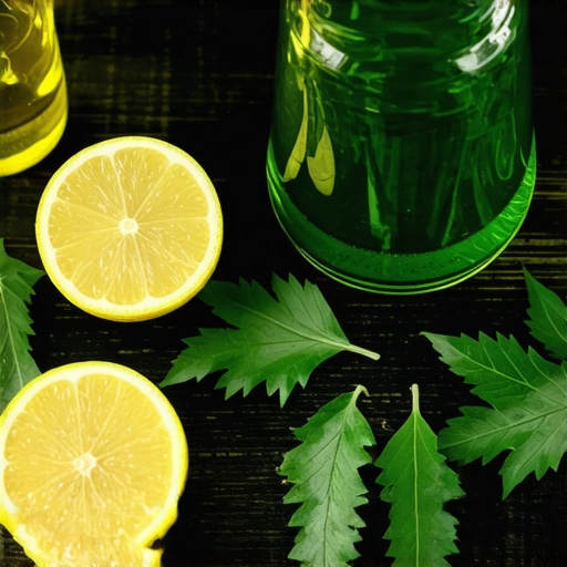 Sastojci za domaći melem od koprive i limuna Sveža kopriva, limun i staklena tegla na drvenom stolu za pripremu melema.