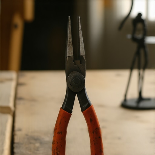 Close up of hands using pliers to bend thick wire for a DIY sculpture project on a wooden desk