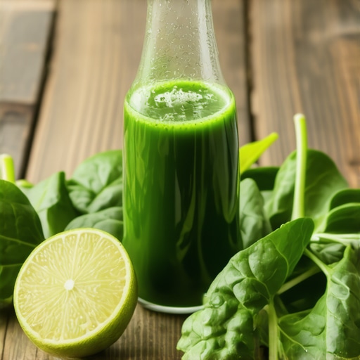 Hladno ceđeni sok od spanaća u staklenoj flaši na drvenom stolu