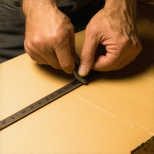 Ruke majstora precizno seku debeli karton skalpelom na drvenom stolu