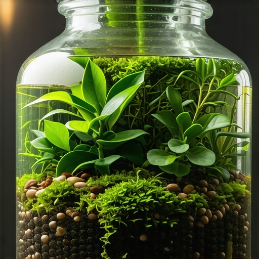 Detaljan prikaz slojeva drenaže i biljaka unutar staklene tegle za dugovečan terarijum