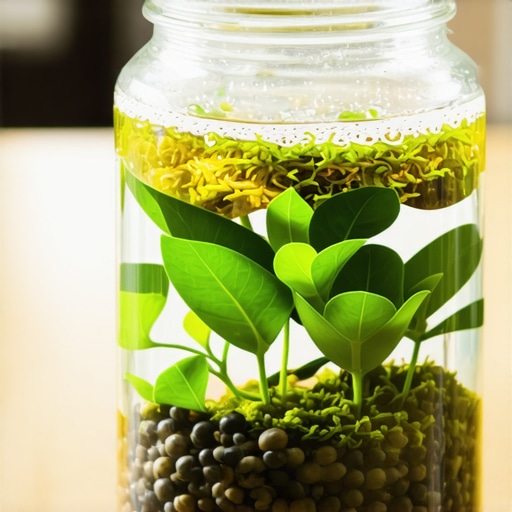 Slojevi zatvorenog terarijuma u krupnom planu Detaljan prikaz drenažnih slojeva i biljaka unutar zatvorene staklene tegle