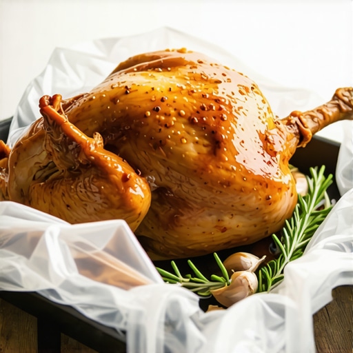 Sočno pile u kesi za pečenje Savršeno ispečeno pile u prozirnoj kesi sa začinima i parom