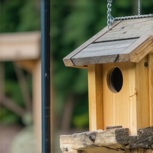 Detaljan prikaz stabilne drvene hranilice napravljene od kedrovine na metalnom stubu