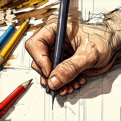 Ruka crtača stripa koristi profesionalni lajner na papiru sa detaljnim skicama