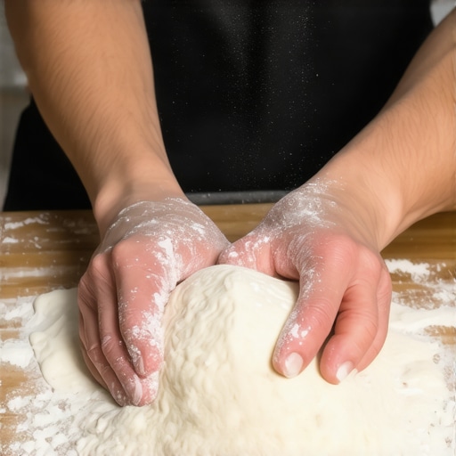 Ruke koje mese testo na drvenom stolu u kuhinji