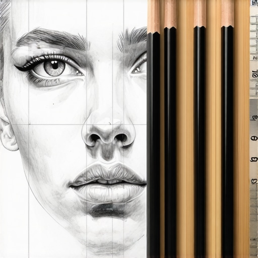 Tehnika mreže za portret olovkom Detaljan prikaz portreta olovkom sa nacrtanom mrežom i priborom za crtanje