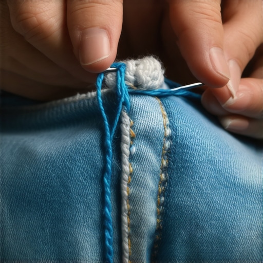 Krupni plan šivenja farmerki nevidljivim šavom