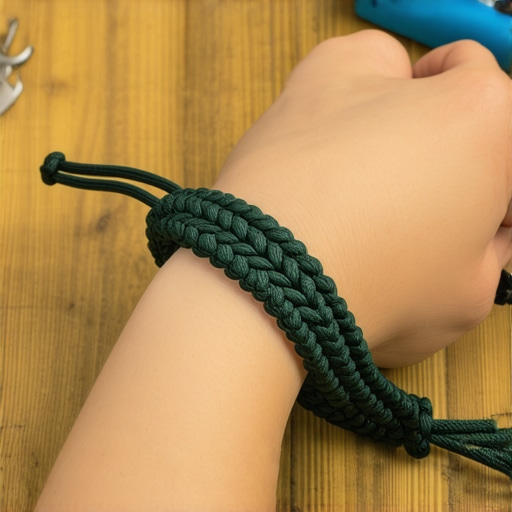 Tehnika pletenja kobra čvora od parakorda Detaljan prikaz pletenja narukvice od zelenog kanapa na drvenom stolu