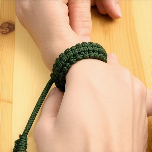 Detaljan prikaz pletenja parakord narukvice na drvenom stolu