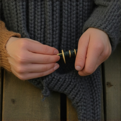 Close up ruke pletu debelu vunu na drvenom stolu bez igala