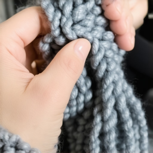 Ruke koje pletu sivi šal od debele vune bez igala