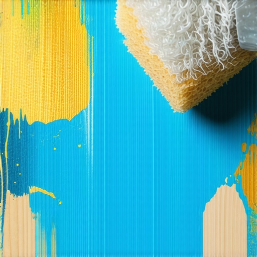 Sunđer natopljen plavom i zlatnom bojom dodiruje platno stvarajući teksturu